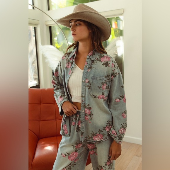 Denim floral washed button shirt elastic waist wide leg boho bohemian pant set - Picture 10 of 11